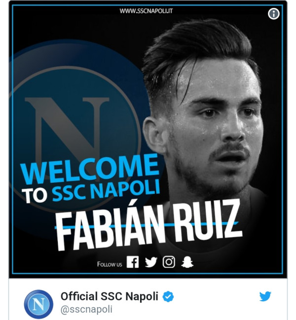 Fabian Ruiz al Napoli, è ufficiale: «De Laurentiis ha pagato la clausola»