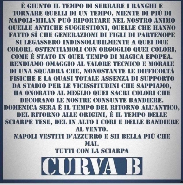 Da brividi il messaggio della Curva B