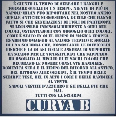 Da brividi il messaggio della Curva B