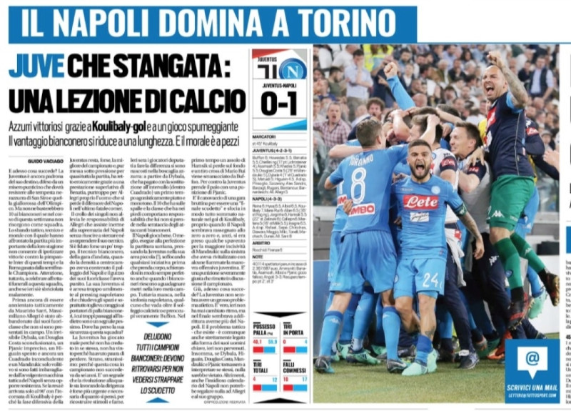 Tuttosport esalta il Napoli: &quot;Lezione di calcio, Allegri annientato da Sarri&quot;