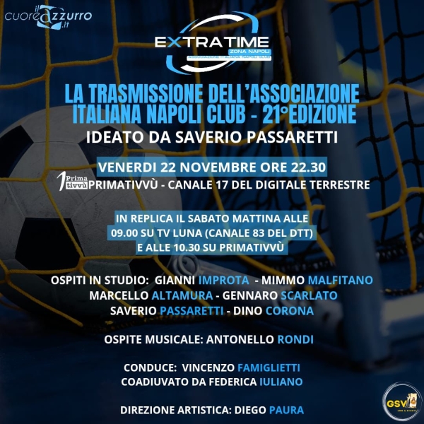 Grande puntata di Extra Time Zona Napoli stasera ore 22:30