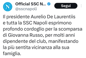 Lutto nella società Napoli, è morta Giovanna Russo per molti anni dipendente della società. Su X le condoglianze del Calcio Napoli