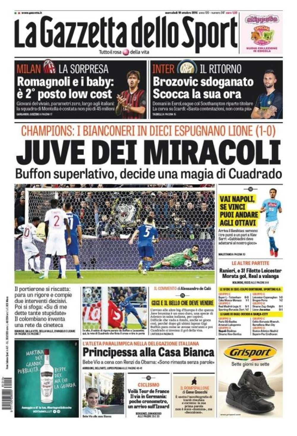 PRIMA PAGINA - Gazzetta: &quot;Vai Napoli, se vinci puoi andare agli ottavi!&quot;