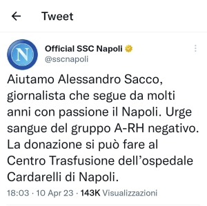 L&#039;appello social del Napoli per aiutare il giornalista Alessandro Sacco