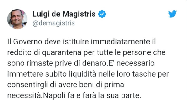 De Magistris:&quot;Vogliamo il reddito di quarantena&quot;