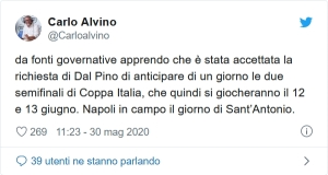 Alvino:Napoli-Inter si gioca il 13 giugno! Accettata richiesta Lega