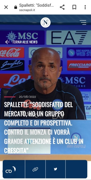 Conferenza stampa Spalletti:“SODDISFATTO DEL MERCATO, HO UN GRUPPO COMPLETO E DI PROSPETTIVA. CONTRO IL MONZSPALLETTIA CI VORRÀ GRANDE ATTENZIONE È UN CLUB IN CRESCITA”